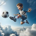 Boy playing football in sky