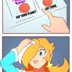 Blox fruits meme | EAT LUMA; EAT YOUR PLANET; P.O.V. ROSALINA PLAYED BLOX FRUITS | image tagged in rosalina two buttons | made w/ Imgflip meme maker