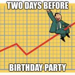 Man riding arrow | TWO DAYS BEFORE; BIRTHDAY PARTY | image tagged in man riding arrow | made w/ Imgflip meme maker