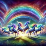 Seven unicorns jumping into a new year with rainbows in the back