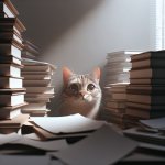 a cat surrounded by piles of books and papers, looking overwhelm