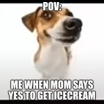wenomechainsama dog | POV:; ME WHEN MOM SAYS YES TO GET ICECREAM | image tagged in wenomechainsama dog | made w/ Imgflip meme maker