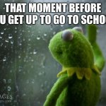 That one moment before you get up and go to school | THAT MOMENT BEFORE YOU GET UP TO GO TO SCHOOL | image tagged in kermit window | made w/ Imgflip meme maker