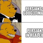 The difference | PERSIANS ON GOOGLE IMAGES; PERSIANS IN REAL LIFE | image tagged in winnie the pooh with teeth,iran,iranian,persian,funny memes,google images | made w/ Imgflip meme maker