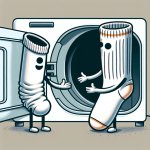 Cartoon tube sock in front of open dryer talking to a crew sock