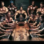Buff dudes sitting around one table with laptops, programming