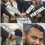 People cutting cake | LUCIFER; ANGEL; VAGGIE; HUSK; PENTIOUS; CHARLIE'S DREAM; ALASTOR | image tagged in people cutting cake,hazbin hotel | made w/ Imgflip meme maker