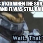 Who would've thunk? | ME AS A KID WHEN THE SUN CAME
OUT AND IT WAS STILL RAINING: | image tagged in memes,wait that's illegal,sun,rain,confused,relatable | made w/ Imgflip meme maker