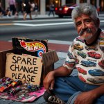 Old hot wheels collector begging for loose change on the street
