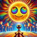 stickman with rainbow eyes sitting Infront of a sun with mushroo