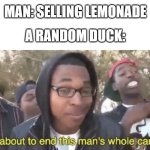 I remember the duck song | MAN: SELLING LEMONADE; A RANDOM DUCK: | image tagged in i m about to end this man s whole career,the duck song,meme,tags,why are you reading the tags,ha ha tags go brr | made w/ Imgflip meme maker