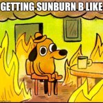 Sunburn sucks | GETTING SUNBURN B LIKE | image tagged in this is fine,relatable,memes,hilarious | made w/ Imgflip meme maker