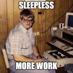 Siahara | SLEEPLESS; MORE WORK | image tagged in meme hacker guy | made w/ Imgflip meme maker