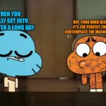 What? Sleeper? | WHEN YOU FINALLY GET INTO BED AFTER A LONG DAY; BUT YOUR MIND DECIDES IT'S THE PERFECT TIME TO CONTEMPLATE THE MEANING OF LIFE | image tagged in gumball closing his eyes | made w/ Imgflip meme maker