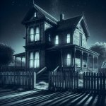 old boarded up house with picket fence (night time)