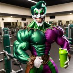 the joker doing body building poses drinking protein