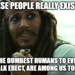 JACK SPARROW CRINGE | THESE PEOPLE REALLY EXIST...... THE DUMBEST HUMANS TO EVER WALK ERECT, ARE AMONG US TODAY | image tagged in jack sparrow cringe | made w/ Imgflip meme maker
