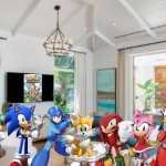 Mario and friends watching Digimon in their living room | image tagged in living room,super mario,sonic the hedgehog,megaman,digimon,crossover | made w/ Imgflip meme maker
