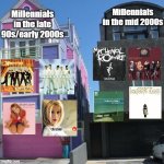 It must've been awkward going from boy bands to emo music | Millennials in the mid 2000s; Millennials in the late 90s/early 2000s | image tagged in pink house and goth house,emo kid,millennial,millennials,90s kids | made w/ Imgflip meme maker