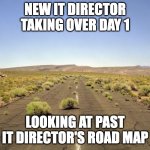 Meanwhile in | NEW IT DIRECTOR TAKING OVER DAY 1; LOOKING AT PAST IT DIRECTOR'S ROAD MAP | image tagged in meanwhile in | made w/ Imgflip meme maker