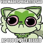 Use it when is necesary | YOU MADE SPRIGATITO SAD; BC YOU UPVOTE BEGGED | image tagged in weed cat | made w/ Imgflip meme maker