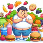 fat guy getting tempted from healthy food but keeps eating bad f template