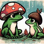 frog with mushroom hat talking to toad with acorn hat