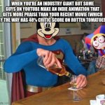Hey remember the Disney Renaissance where they produced box office hit after box office hit? | WHEN YOU'RE AN INDUSTRY GIANT BUT SOME GUYS ON YOUTUBE MAKE AN INDIE ANIMATION THAT GETS MORE PRAISE THAN YOUR RECENT MOVIE (WHICH BY THE WAY HAS 48% CRITIC SCORE ON ROTTEN TOMATOES) | image tagged in superman drinking,disney,animation,the amazing digital circus,tadc,mickey mouse | made w/ Imgflip meme maker