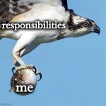 Suddenly life catches your unruly arse | responsibilities; me | image tagged in osprey caught pufferfish | made w/ Imgflip meme maker