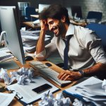 Stressed out office guy at his computer desk smiling