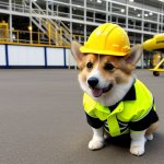 Dog in hard hat at airplane factory
