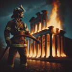 A roman fireman infront of a burning building