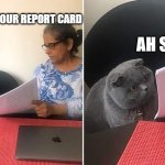 the heartbreaking news | THIS IS YOUR REPORT CARD; AH SHZT! | image tagged in woman showing paper to cat,funny,memes | made w/ Imgflip meme maker