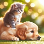 Cute kitten sitting on puppy