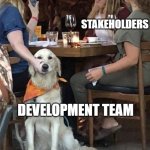 Stakeholders | PRODUCT OWNER; STAKEHOLDERS; DEVELOPMENT TEAM | image tagged in silence dog | made w/ Imgflip meme maker