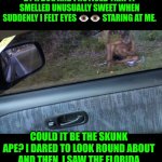 Funny | SO HERE I WAS STUCK IN TRAFFIC BY A BOG AND I NOTICED THAT IT SMELLED UNUSUALLY SWEET WHEN SUDDENLY I FELT EYES 👁️👁️ STARING AT ME. COULD IT BE THE SKUNK APE? I DARED TO LOOK ROUND ABOUT AND THEN, I SAW THE FLORIDA MAN IN PLAIN VIEW; FULL DAYLIGHT SIGHTING IN HIS NATURAL HABITAT. | image tagged in funny | made w/ Imgflip meme maker