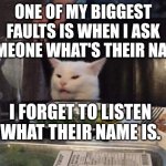Smudge that darn cat | ONE OF MY BIGGEST FAULTS IS WHEN I ASK SOMEONE WHAT'S THEIR NAME; I FORGET TO LISTEN WHAT THEIR NAME IS. | image tagged in smudge that darn cat | made w/ Imgflip meme maker
