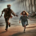 Adult male zombie chasing human girl with light brown hair and b