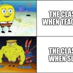 It finna get wild | THE CLASS WHEN TEACHER; THE CLASS WHEN SUB | image tagged in weak vs strong spongebob,school | made w/ Imgflip meme maker
