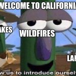 I went to California and experienced this: | WELCOME TO CALIFORNIA; WILDFIRES; EARTHQUAKES; LANDSLIDES | image tagged in veggietales 'allow us to introduce ourselfs' | made w/ Imgflip meme maker