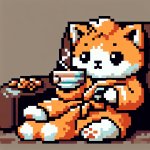 Cute kitten in an orange bathrobe relaxing in the couch drinking meme