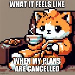 Cute kitten in an orange bathrobe relaxing in the couch drinking | WHAT IT FEELS LIKE; WHEN MY PLANS ARE CANCELLED | image tagged in cute kitten in an orange bathrobe relaxing in the couch drinking | made w/ Imgflip meme maker