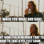 Wake and bake | WHEN YOU WAKE AND BAKE; BUT NOW YOU REMEMBER THAT YOU HAVE TO TAKE A PEE TEST SOON . . . | image tagged in first world stoner problems,pot,weed,stoner,drug test,job interview | made w/ Imgflip meme maker