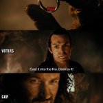 GOP FISA One Ring | FISA; VOTERS; GOP | image tagged in elrond tells isildur to cast the one ring into the fires | made w/ Imgflip meme maker