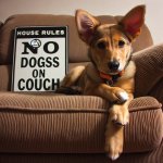 dog sitting on a couch with a sign by it that says 'no dogs on c