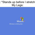 (Insert Clever Title Title) | Me: *Stands up before I stretched*
My Legs: | image tagged in windows xp is shutting down | made w/ Imgflip meme maker