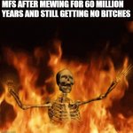 Skeleton Burning In Hell | MFS AFTER MEWING FOR 60 MILLION YEARS AND STILL GETTING NO BITCHES | image tagged in skeleton burning in hell,memes | made w/ Imgflip meme maker