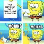 Spongebob Burning Paper | MOJANG; THE FLETCHING TABLE SHOULD HAVE A FUNCTION; MOJANG; MOJANG | image tagged in spongebob burning paper | made w/ Imgflip meme maker