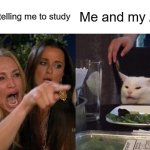 Woman Yelling At Cat | My mom telling me to study; Me and my ADHD | image tagged in memes,woman yelling at cat | made w/ Imgflip meme maker