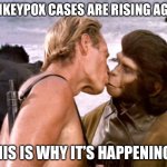 Monkeypox | MONKEYPOX CASES ARE RISING AGAIN; THIS IS WHY IT’S HAPPENING. | image tagged in planet of the apes kiss,monkeypox | made w/ Imgflip meme maker